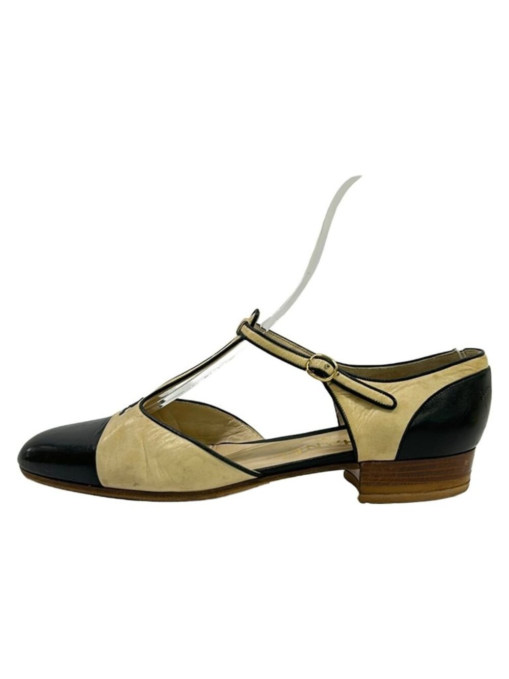 Chanel Flat Shoes Ivory Black CC Logo T Strap Lambskin
